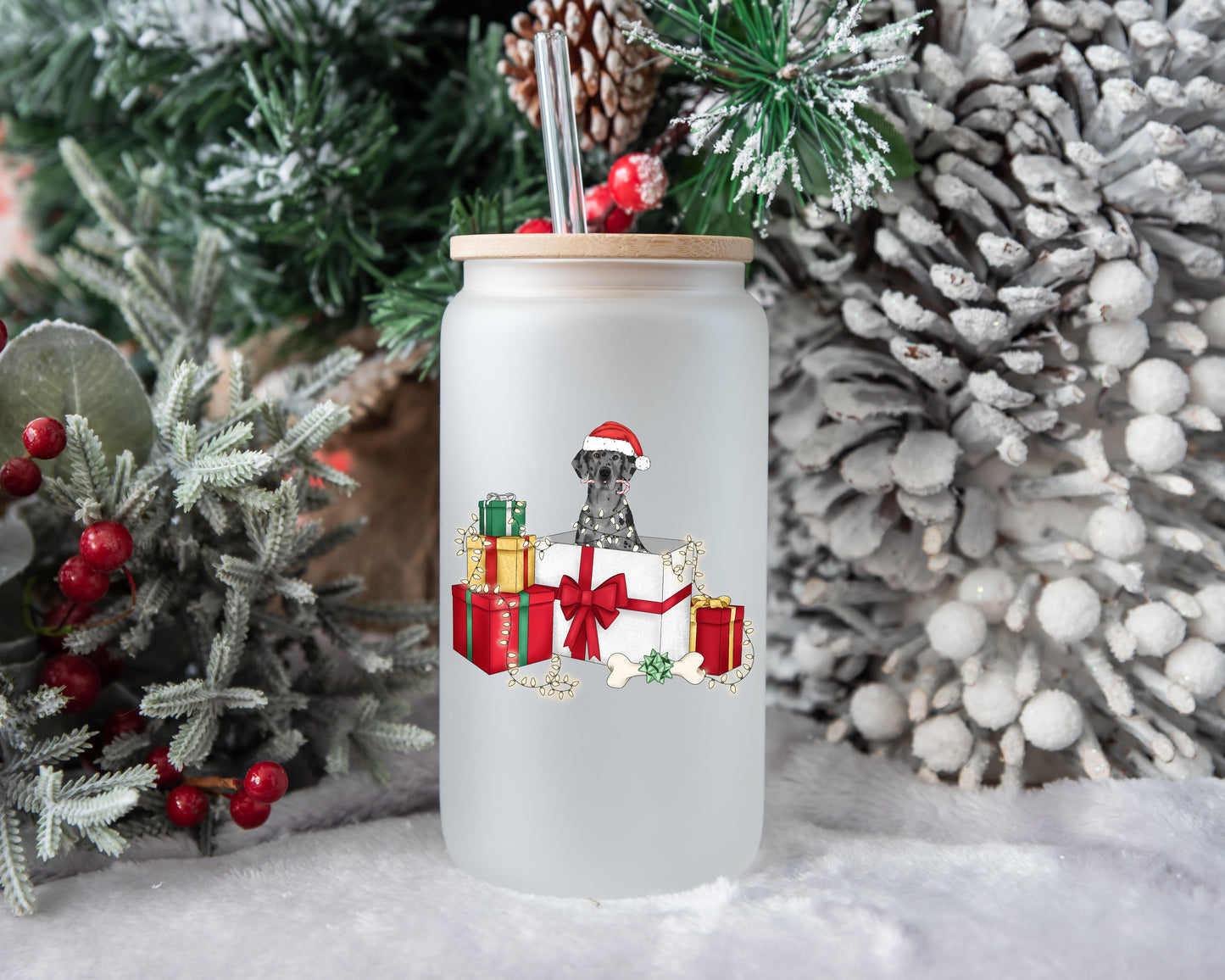 Holiday Pup Glass Can